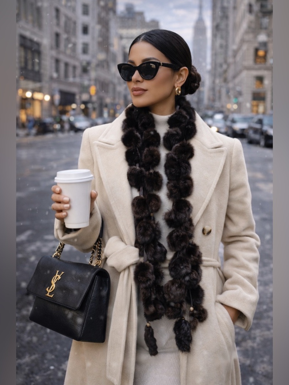 Vintage Real Rabbit Fur Pom Pom Scarf Wrap Brown Boho Luxe